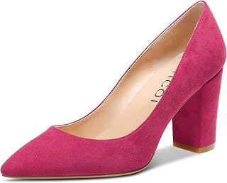 Aachcol Women's Chunky Block Heel Medium High Heel Pumps Slip-on Lace Toe Cap Dress Shoes Office Shoes Party Wedding Suede 8 cm