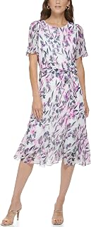 DKNY Women's Flutter Sleeve Round Neck Waist Tie Midi Dress