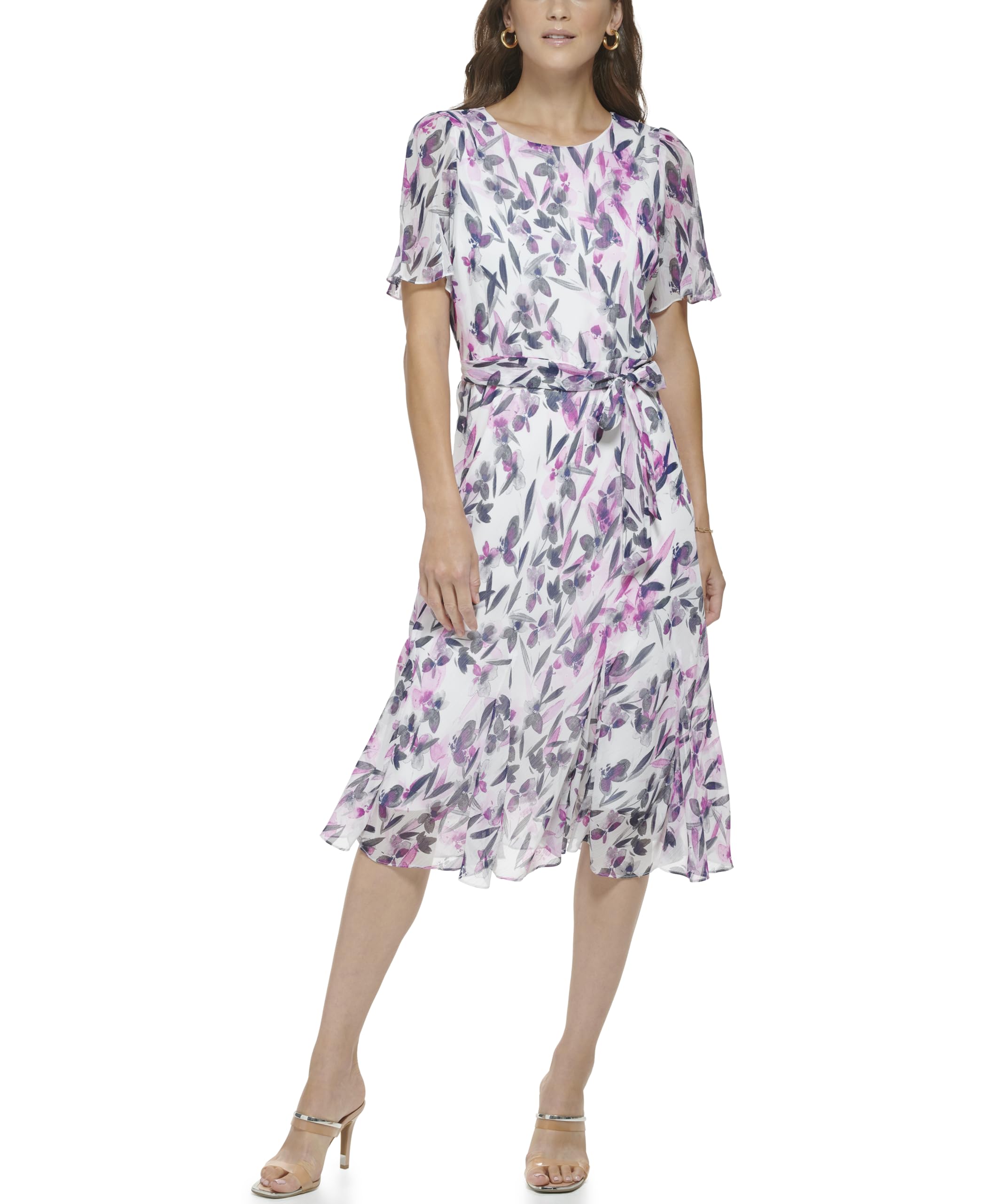 DKNY Women's Flutter Sleeve Round Neck Waist Tie Midi Dress