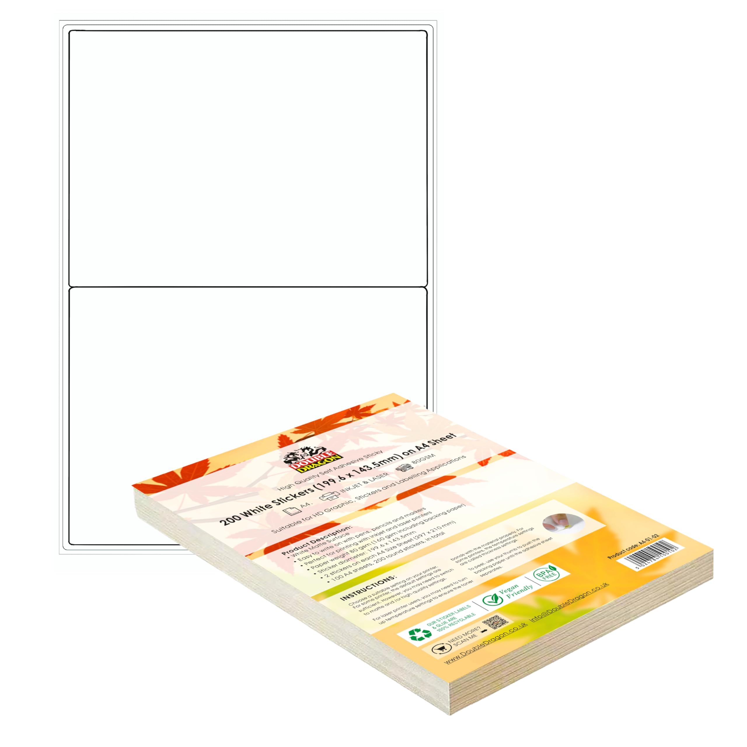 A4 Double Dragon Self Adhesive Address Labels, 2 per Sheet, 100 Sheets, 200 Labe