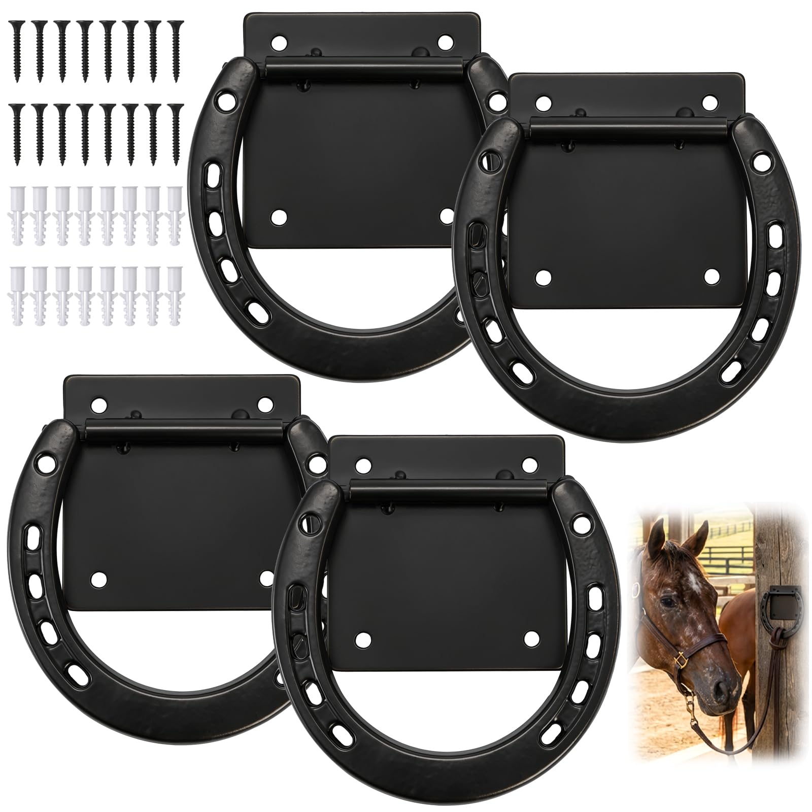 Cididu 4 Pack Cross Tie Ring for Horse, Heavy Duty Horseshoe Tie Ring with Screw