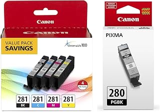 Canon CLI-281 BKCMY 4-Color Ink Tank Value Pack (2091C005) PGI-280 Pigment Black Ink Tank (2075C001)