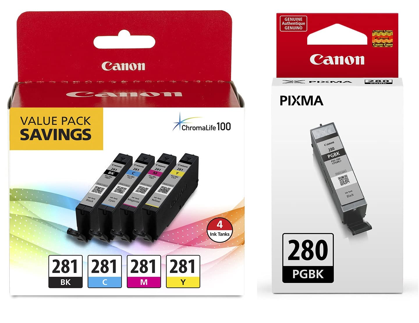 Canon CLI-281 BKCMY 4-Color Ink Tank Value Pack (2091C005) PGI-280 Pigment Black