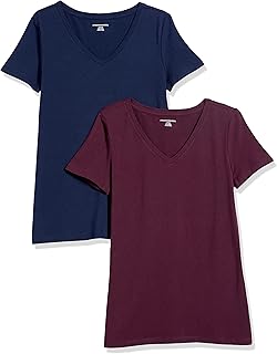 Amazon Essentials Camiseta de Manga Corta con Cuello en Pico y Corte Recto Mujer, Paquetes Múltiples