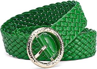 Bright Color Braided Belt for Women with Gold Circular Buckle Waist Ornament No Holes All Matching