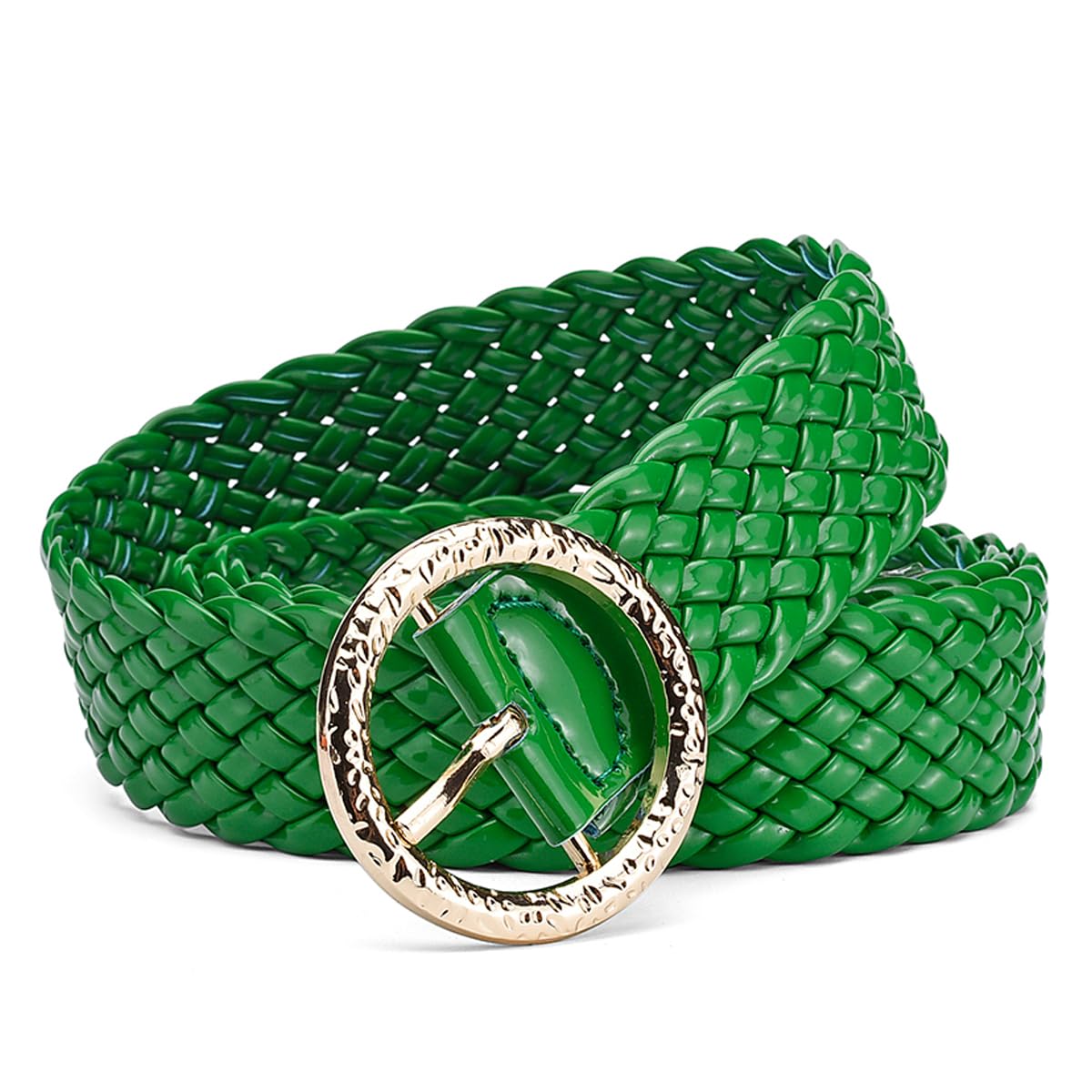 Bright Color Braided Belt for Women with Gold Circular Buckle Waist Ornament No 