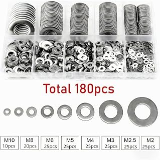 180 Pcs 304 Stainless Steel Flat Washers Assorted Sizes (M2.5 M2 M3 M4 M5 M6 M8 M10) for Industrial Use Bolt Washers
