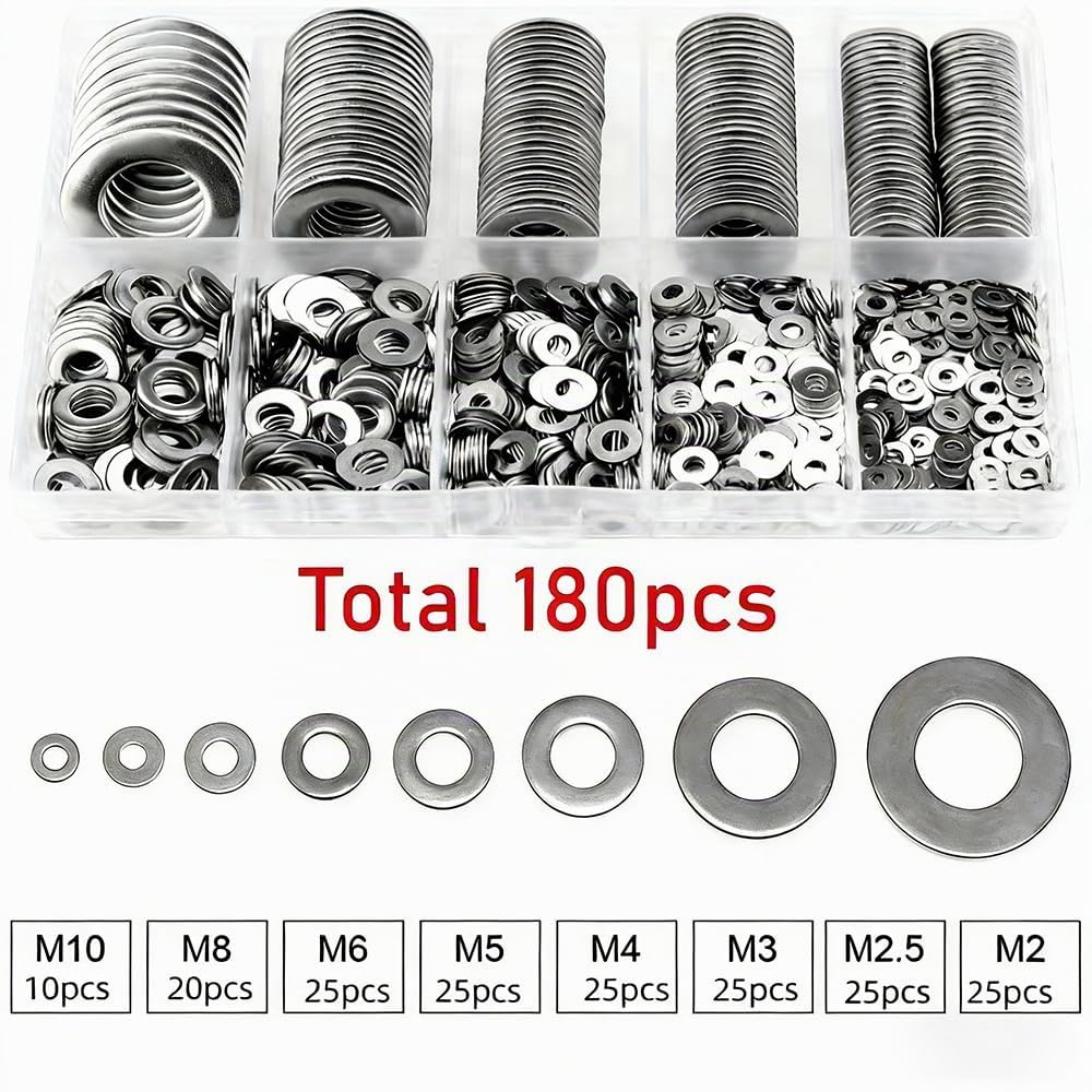 180 Pcs 304 Stainless Steel Flat Washers Assorted Sizes (M2.5 M2 M3 M4 M5 M6 M8 