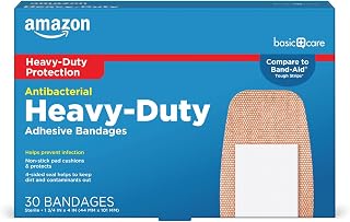 Amazon Basics Antibacterial Heavy Fabric Adhesive Bandages, Tough & Flexible Non-Stick Pad Cushion, Helps Prevent Infection Skin Protection, 1.75 x 4 inches (30 Count) (Previously Amazon Basic Care)