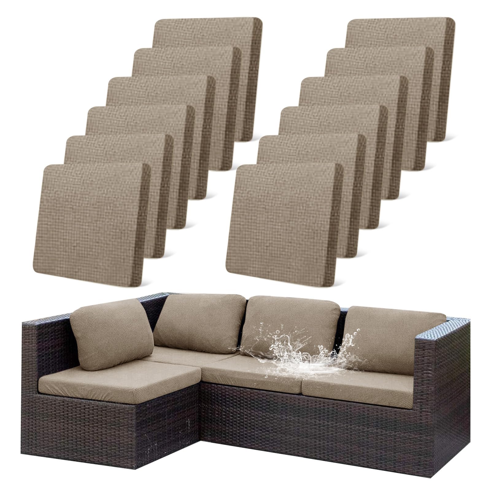 12Pcs Stretch Khaki Cushion Covers Waterproof Jacquard Slipcovers for Patio | Ou