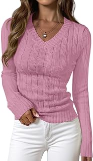 PRETTYGARDEN Maglioni in Maglia a trecce con Scollo a V per Donna 2025 a Maniche Lunghe a Costine Pullover Aderente Top Business Casual Abiti Autunnali