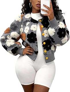Flygo Womens Floral Print Cropped Bomber Jacket Warm Fleece Button Down Puff-Sleeve Outerwear