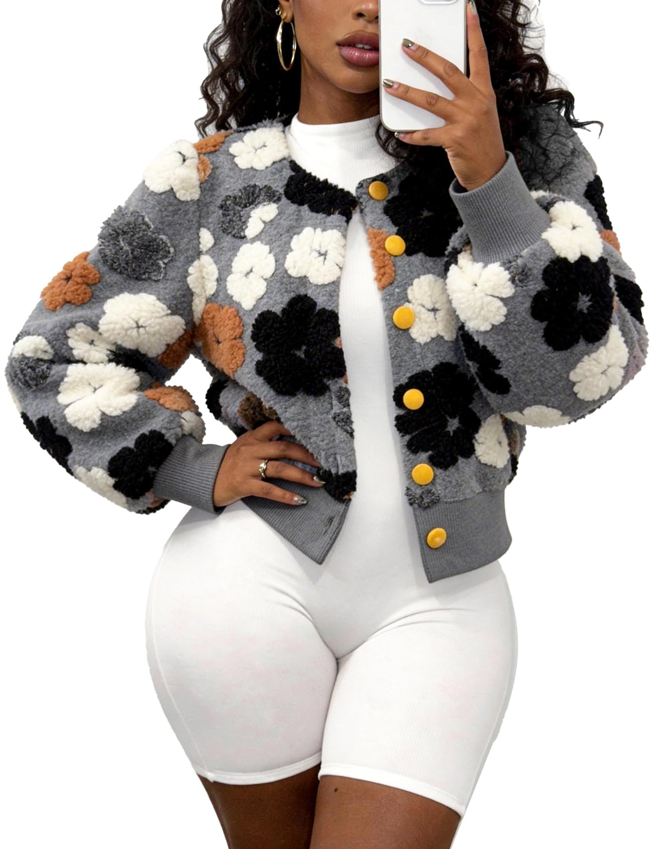 Flygo Womens Floral Print Cropped Bomber Jacket Warm Fleece Button Down Puff-Sle