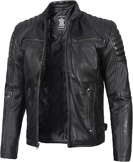 fjackets Cafe Racer Mens Genuine Leather Jacket - Real Lambskin Moto Style Leather Jacket Men, Quilted Biker Jacket for Men