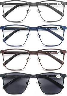 MODFANS Pack of 3 Reading Glasses for Men, Anti-Blue Light Eyeglasses, Stainless Steel Metal, Lightweight, Clear Vision, with Case