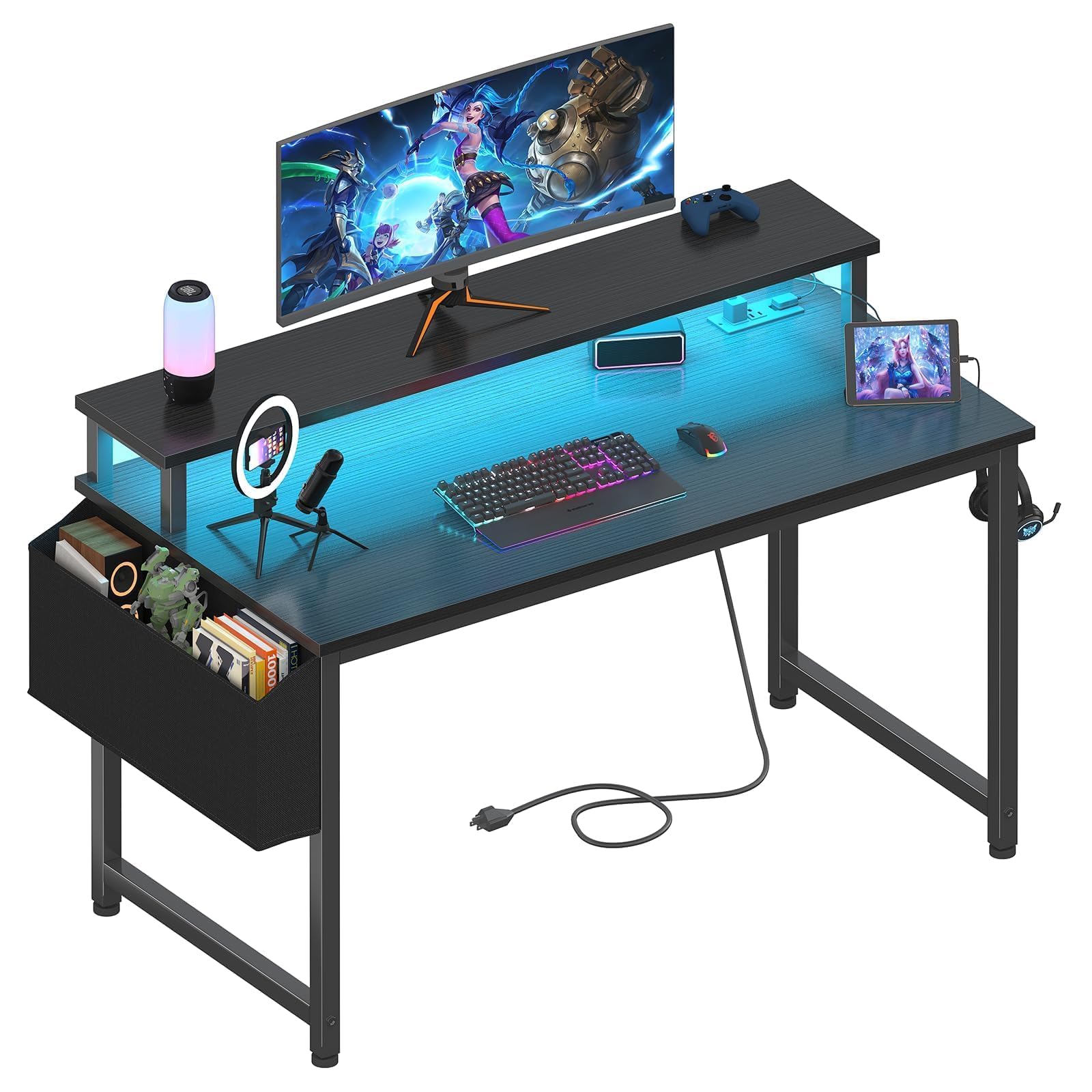 Lufeiya Black Gaming Desk with LED Lights and Power Outlets, 40 Inch Teen Writin