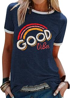 WIEIYM Good Vibes Women's T-Shirt Crew Neck Short Sleeve Summer Rainbow Top