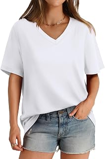 Aokosor Womens V Neck Short Sleeve T Shirts Summer Tops 2026 Casual Loose Tees Trending Now S-4XL