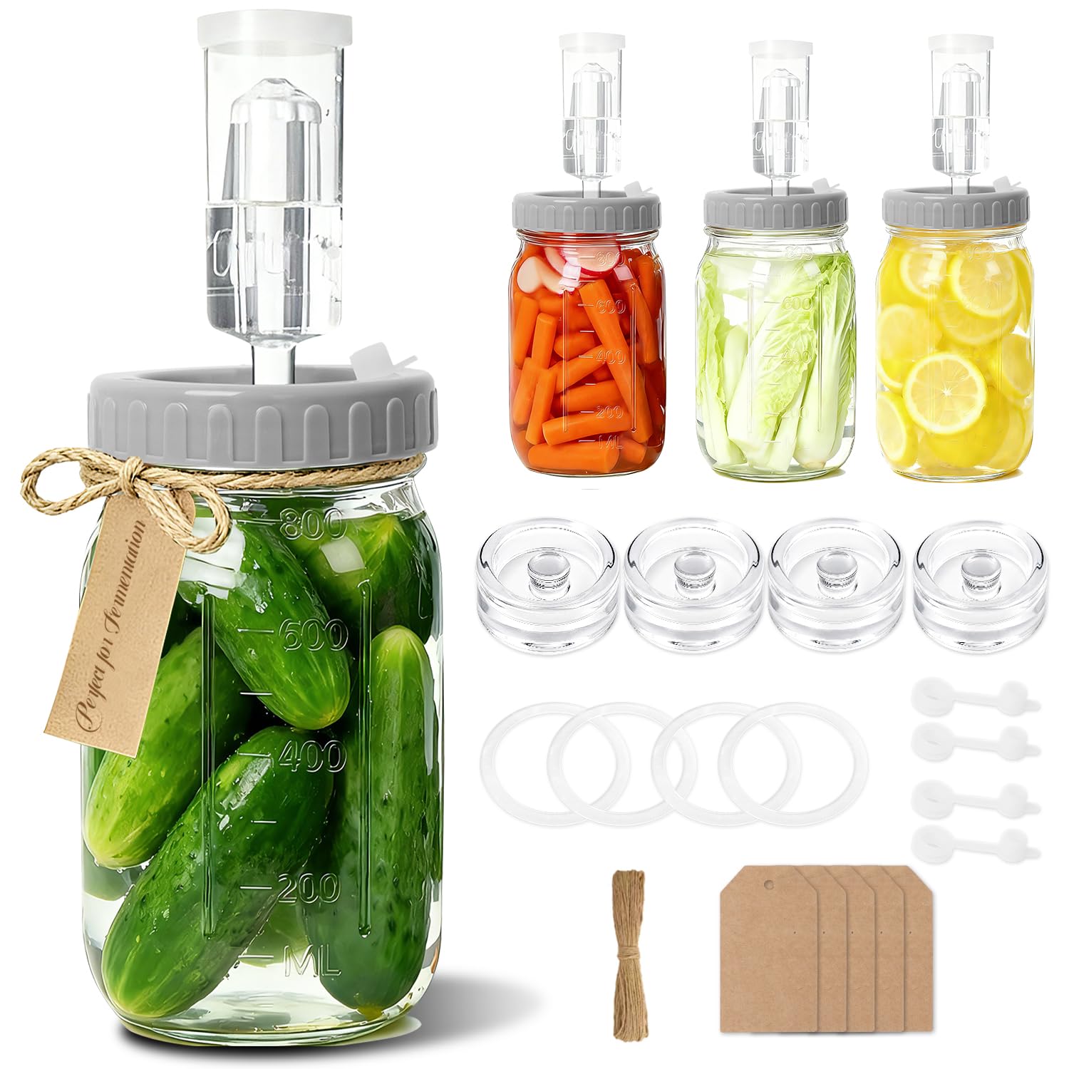 4-Pack Mason Jar Fermentation Kit With Four 32 Oz Jars And Plastic Lids | Comple