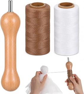 3 Pcs Sinew for Tie Dye Tool, Wooden Spool with 2 Rolls Flat Waxed Thread | (White &amp; Dark Brown, 284 Yards Each), Handheld Sinew Puller for DIY Fabric Banding, Shirts, Socks, and Yarn Crafts