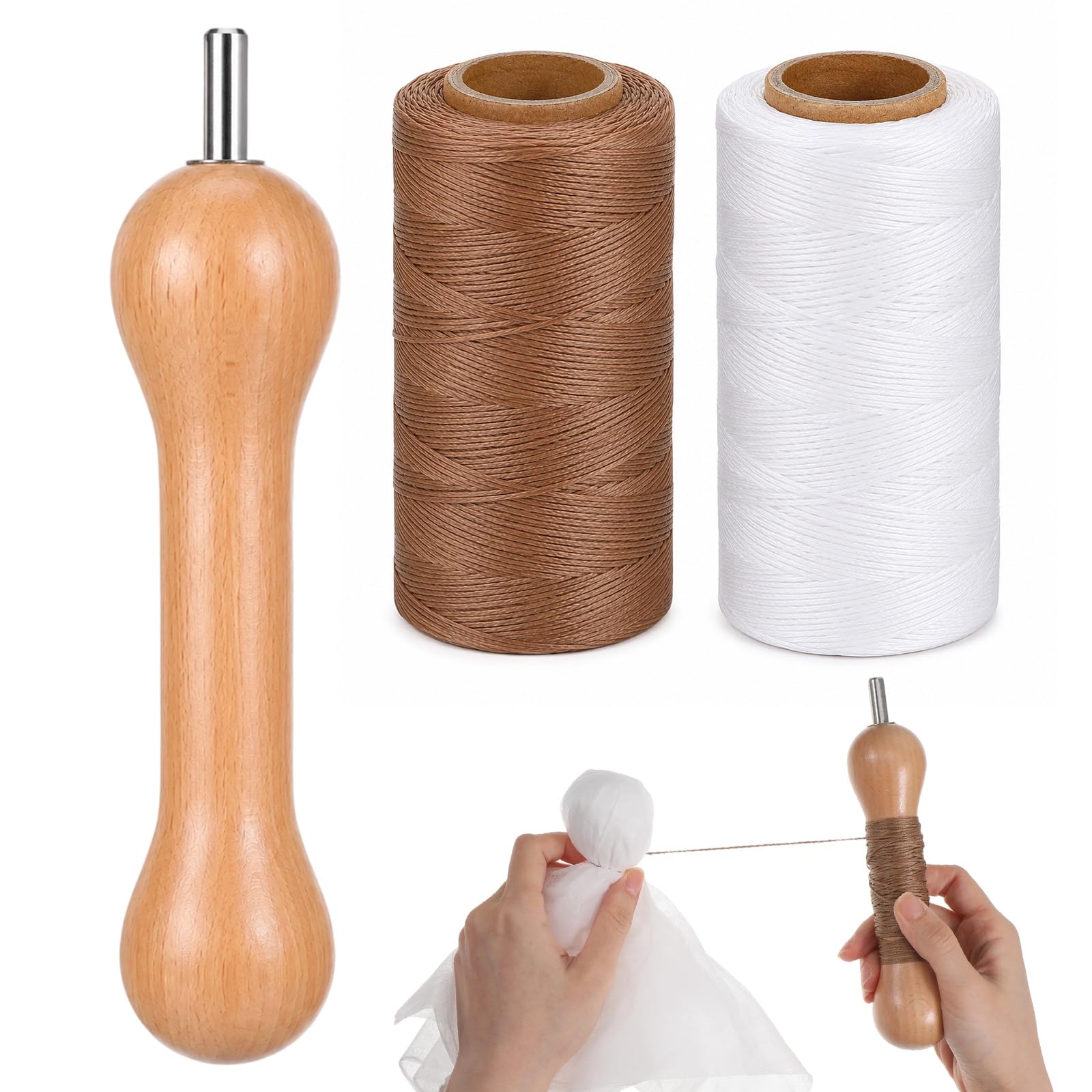 3 Pcs Sinew for Tie Dye Tool, Wooden Spool with 2 Rolls Flat Waxed Thread | (Whi