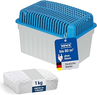 WENKO Feuchtigkeitskiller mit 1 kg Granulatblock, Raumentfeuchter, fasst bis zu 1,4 Liter Feuchtigkeit, laborgeprüft, nachfüllbar, reduziert Schimmel & Gerüche, 24 x 16 x 15 cm, Grau / Blau