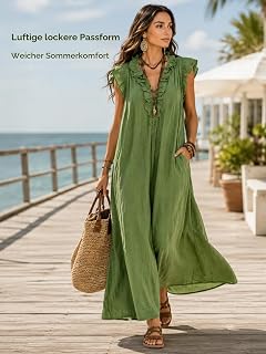 Boho Maxi Dress for Women Summer Beach Holiday Outfits Casual Loose Long Dress with Pockets and Ruffle Sleeves