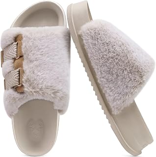 KuaiLu Orthopedic Open Toe Slippers with Arch Support for Women Adjustable Faux Fur Orthopedic Sandals for Indoor Outdoor Size 4-5