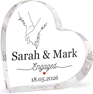 Engagement Gifts For Couples Friends Her Him, Personalised Gifts For Engaged Couple, Engagement Date, Acrylic Clear Block Keepsake With Grey Bag