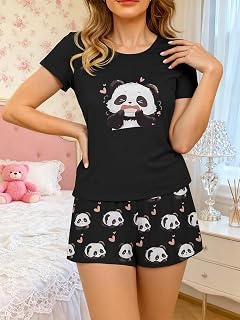 Women's Casual Pajama Set, Short Sleeve Top and Shorts, Soft, Loose and Comfortable Loungewear with Cute Print