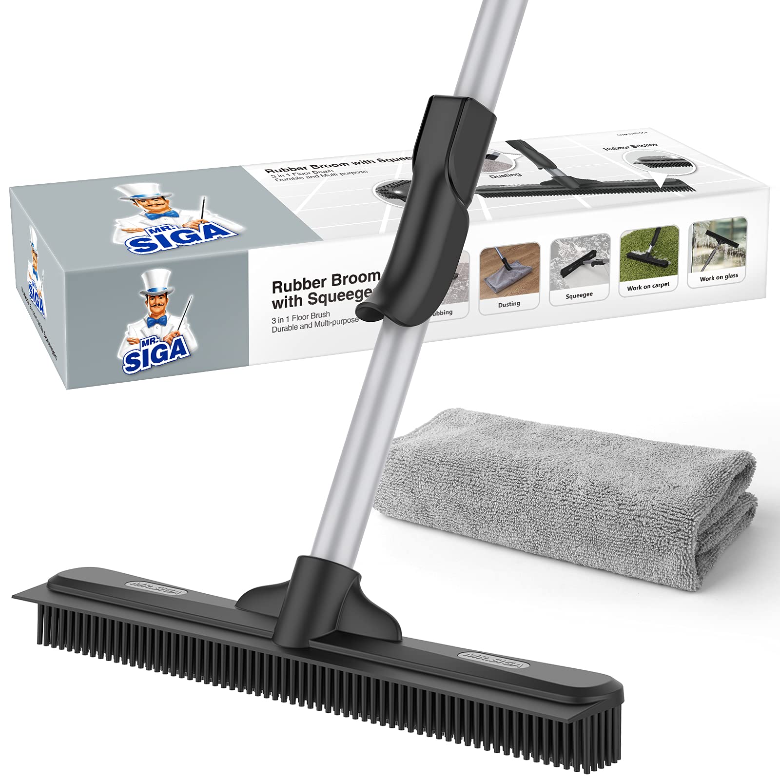 MR.SIGA Pet Hair Removal Rubber Broom with Built in Squeegee | 3 in 1 floor brus