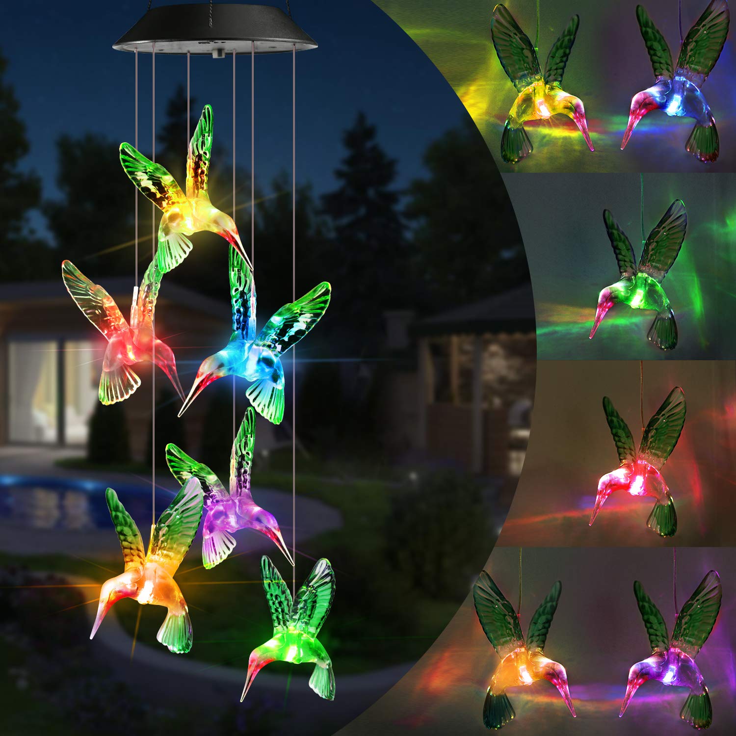 Toodour Solar Wind Chimes, Color Changing Solar Hummingbird Wind Chimes, LED Dec