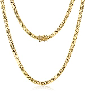 4mm 6mm Miami Cuban Link Chain 14K REAL Gold Plated 316L Stainless Steel Solid Necklace Bracelet for Womens Mens(Double Safety Clasp, Custom Box and Pouch Packing, Christmas Gift)
