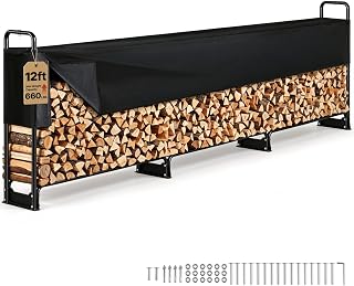 VEVOR 12.7FT Outdoor Firewood Rack with Cover, Firewood Holder for 3/4 Cord | Heavy Duty Wood Storage with Half-Covered for Porches Gardens Patios Yards Log Steel Frame UV Protection