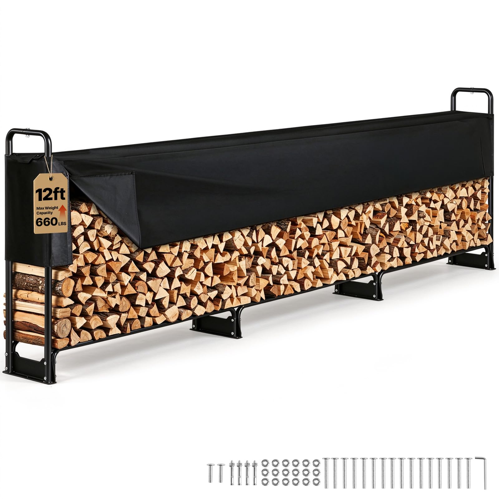 VEVOR 12.7FT Outdoor Firewood Rack with Cover, Firewood Holder for 3/4 Cord | He
