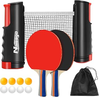 Naissgo Table Tennis Set, Professional Table Tennis Bat Set, Quick Setup Table Tennis Net, 2 Table Tennis Bats,1 Retractable Net, 8 Ping-Pong Balls,1 Mesh Bag, Great Gift Idea for Indoor/Outdoor Games