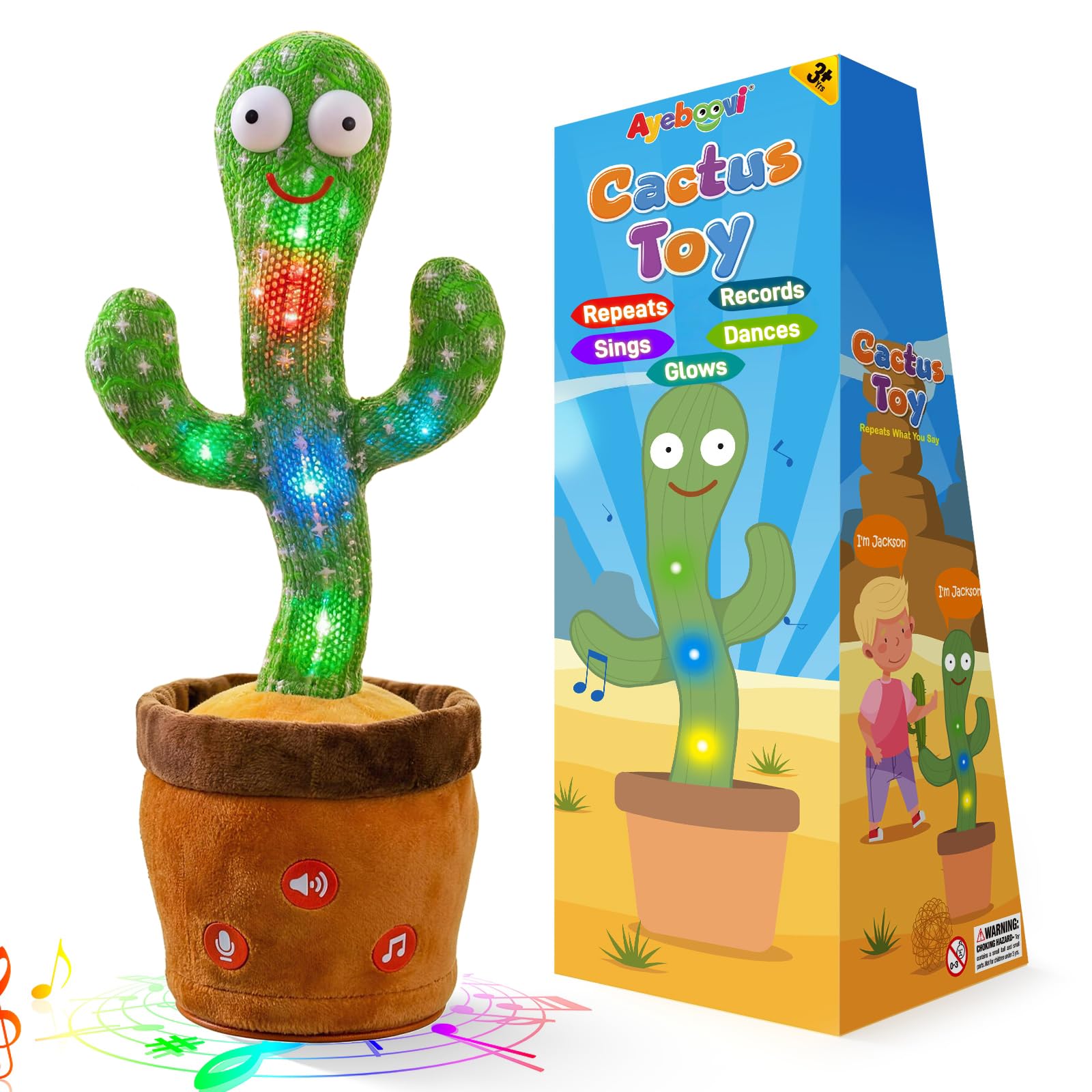 Ayeboovi Dancing Talking Cactus for Baby Toddler Toys, Light‑Up Repeating Singin