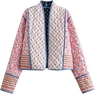 Yimoon Ladies Lightweight Floral Print Short Padded Open Front Winter Quilted Jacket Outwear