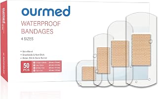 Ourmed Waterproof Plasters, Adhesive Plasters for Shower & Bath, 50 Pack | Waterproof protection, clear design, flexible fit, comfortable wear, assorted sizes, ultra thin, Strong Adhesion, gentle