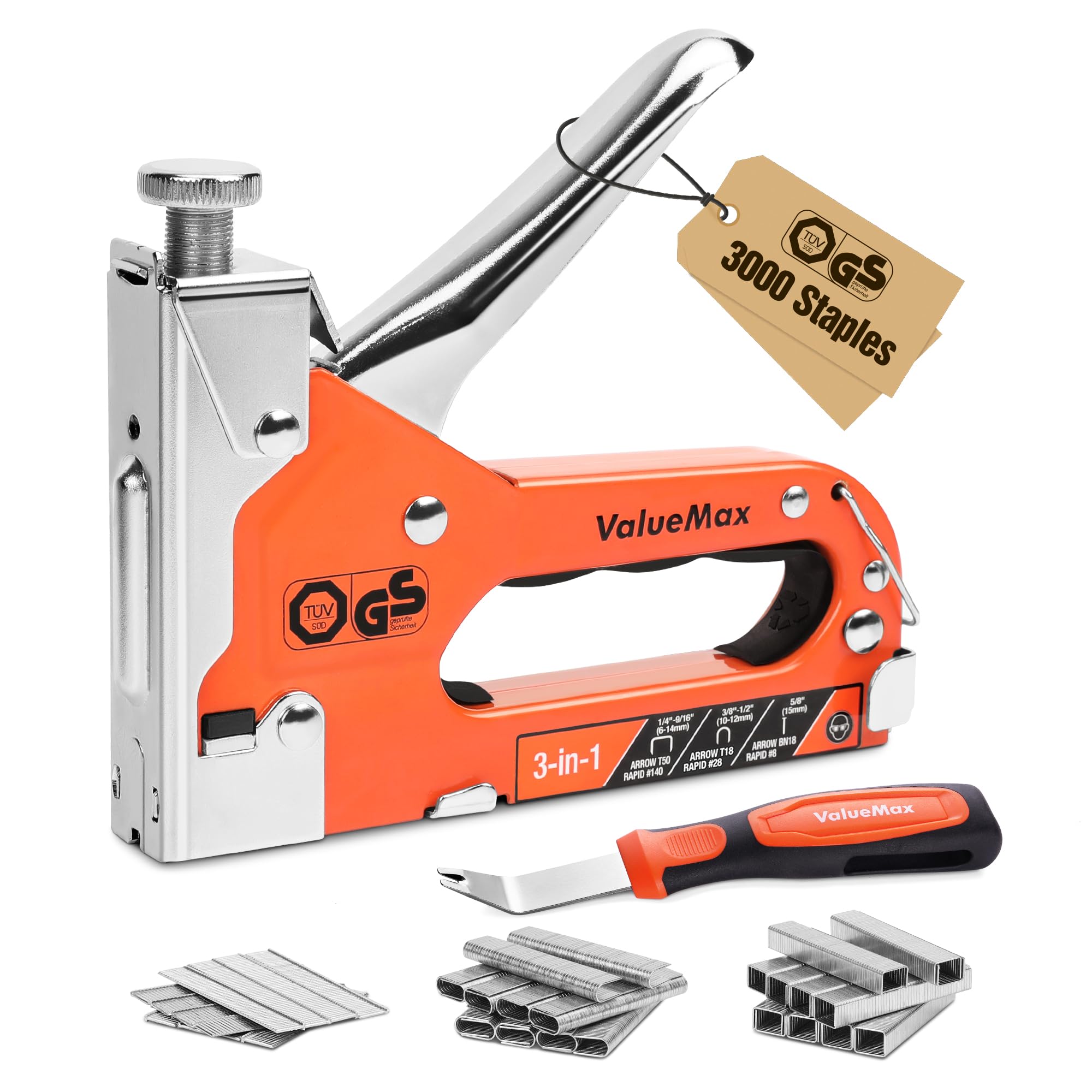 ValueMax Heavy Duty 3-in-1 Staple Gun with 3000 Staples & Remover | TÜV GS Teste