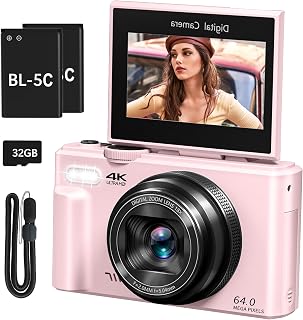 4K Digital Camera with 180° Flip Screen, 64MP Compact Vlogging Camera, Pink | Point And Shoot Camera with WiFi, 32GB SD Card, Easy To Use Digital Camera Kit for Travel and Beginners