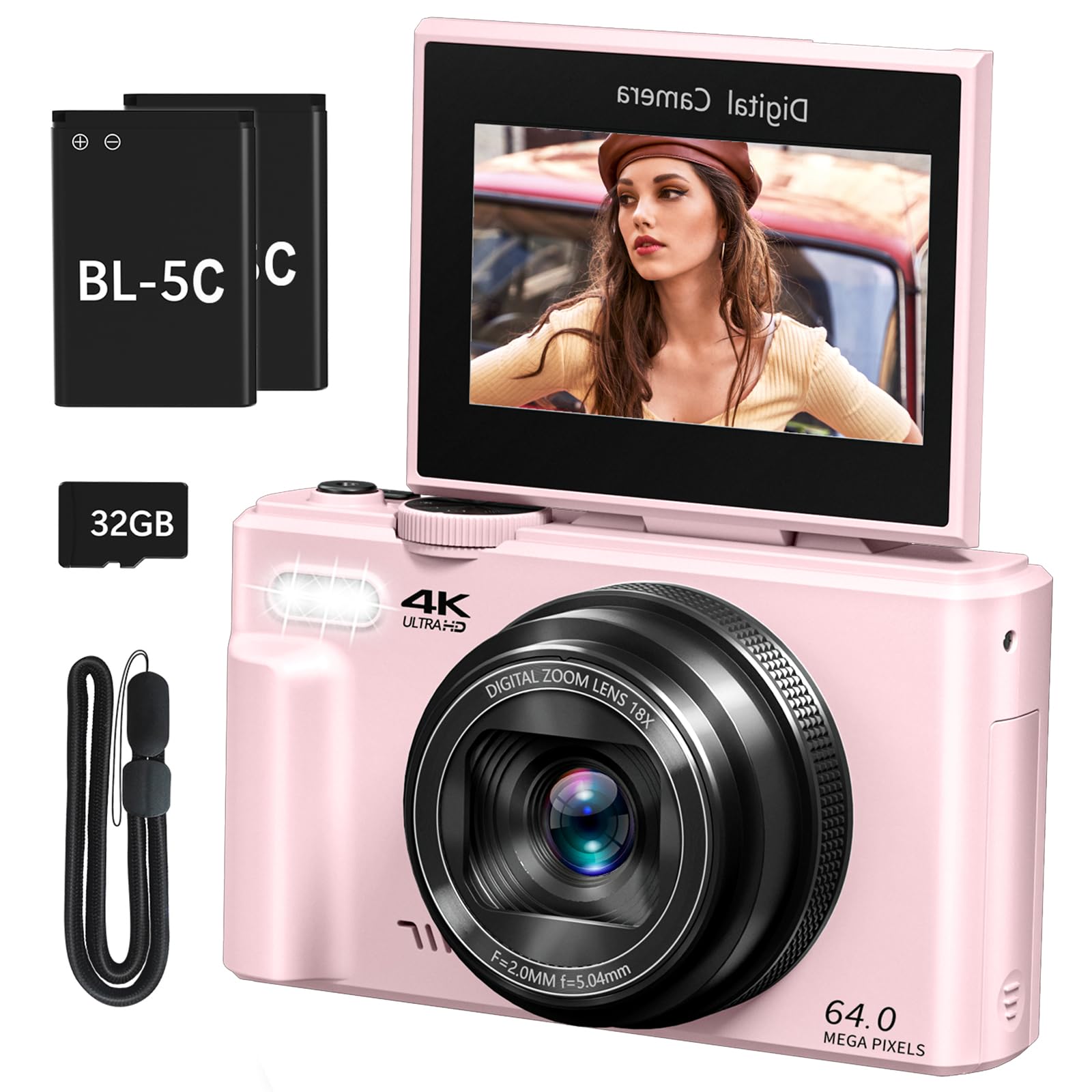4K Digital Camera with 180° Flip Screen, 64MP Compact Vlogging Camera, Pink | Po