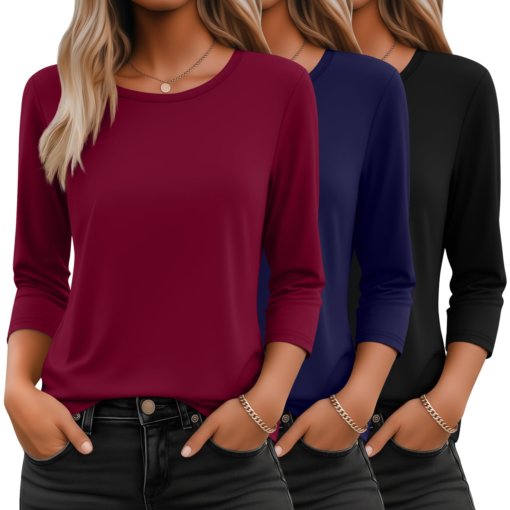Ficerd 3 Women's 3/4 Sleeves Crew Neck Tops
