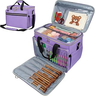 Anitor Large Crochet Bag Knitting Bag Yarn Storage Tote, Yarn Bag, Purple | Clear Top Lid, Unfinished Project Compartment, 6 Yarn Hole, Yarn Storage Hold Knitting Needle, Crochet Hook, Yarn, (Bag Only)
