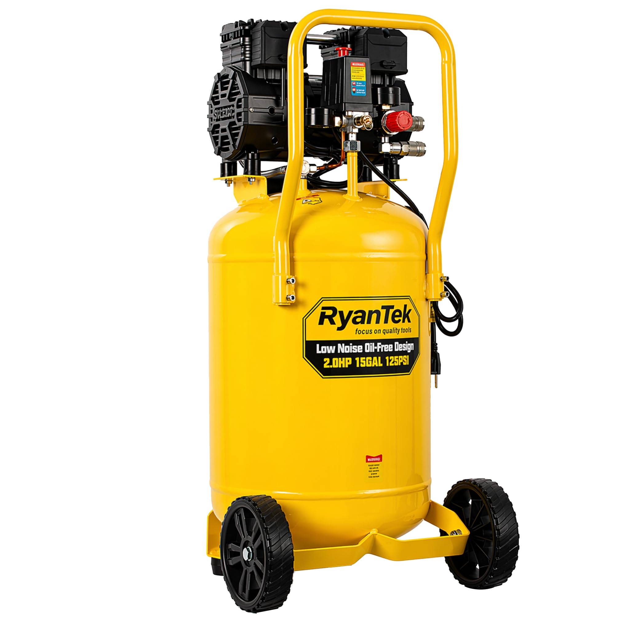 RyanTek 15-Gallon Air Compressor, 2HP, Quiet 66dB, 4.5CFM@90PSI | Oil-Free, Twin