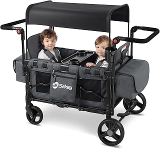 Sekey Wagon Stroller for 2 Kids, Luxury 4-in-1 Stroller Wagon - Premium Quality with Convertible Seats, Adjustable Push Handles, Removable Canopy, Cup Holder, Snack Tray & Cooler, US Certified