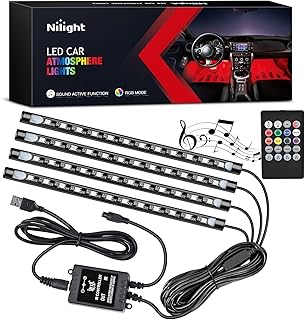 Nilight 4PCS 48LED Car USB Interior Neon Accent Lights RGB Remote Control | 5V DC Multicolor Music Car Light Strips Under Dash Lighting Kit with Sound Active Function