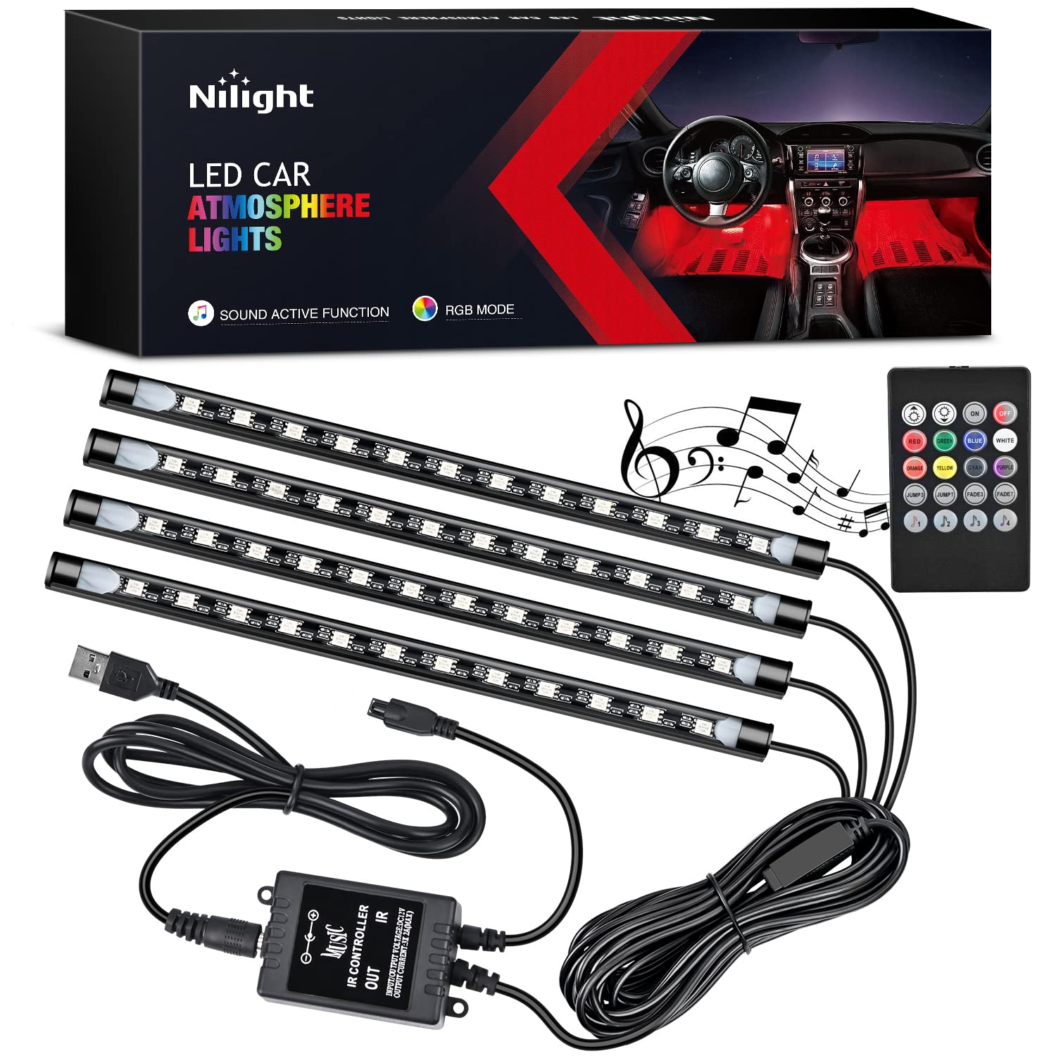Nilight 4PCS 48LED Car USB Interior Neon Accent Lights RGB Remote Control | 5V D