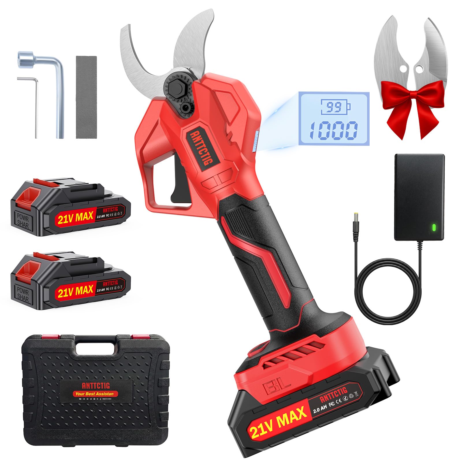 ANTTCTIG Electric Pruning Shears, 2.56'' Opening, 2 Batteries&Spare Blades | Bat
