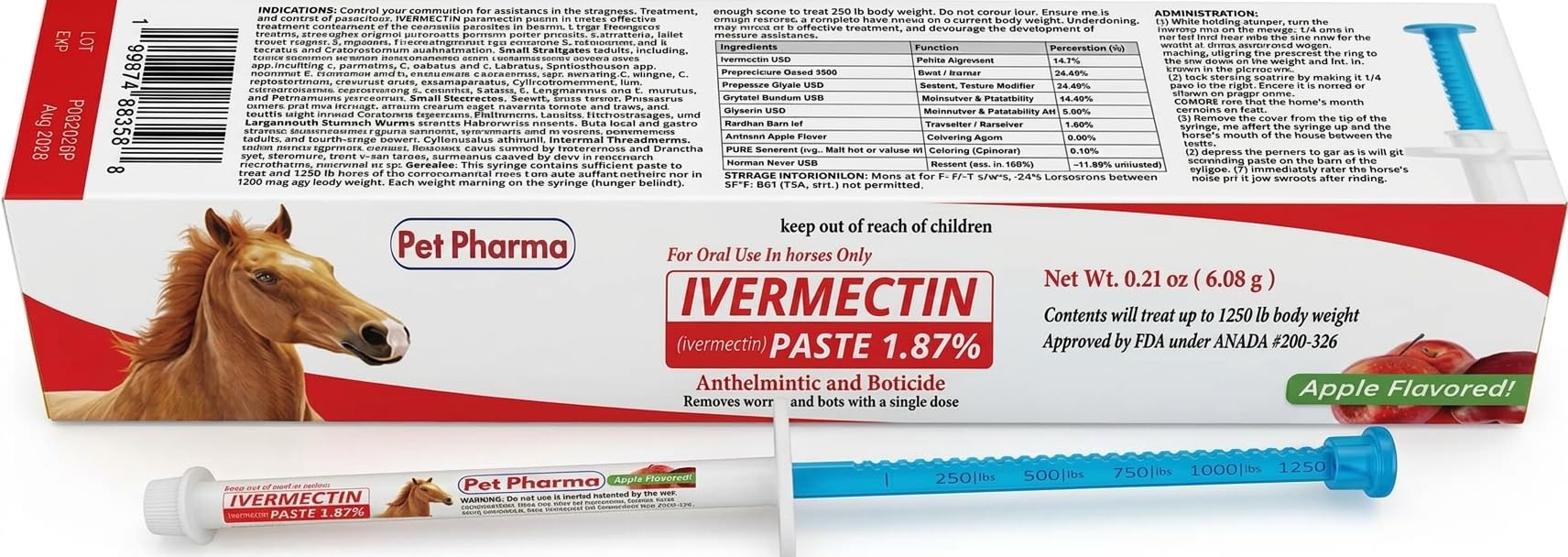 Ivermectin Horse Paste 1.87%, Apple Flavor – 6.08g Gel Dewormer Syringe for Equi